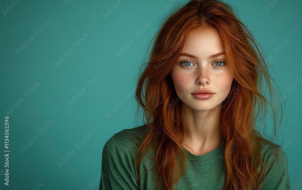 Fototapeta premium Beauty girl smiling and wearing a t-shirt in studio color background