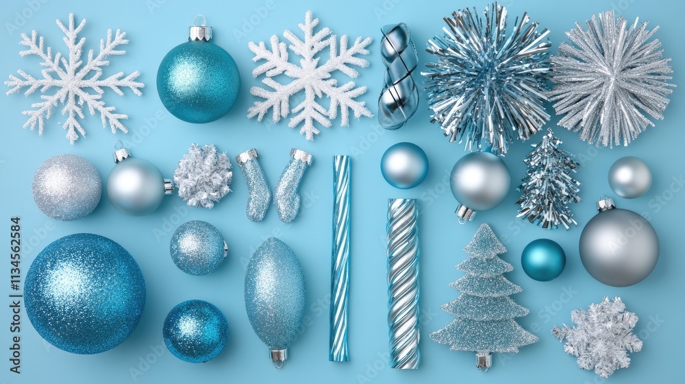 Fototapeta premium Festive Blue and Silver Christmas Decorations on Blue Background