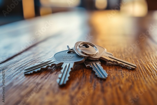 Home ownership keys with sold sign in background, natural daylight, real estate celebration, with copy space photo