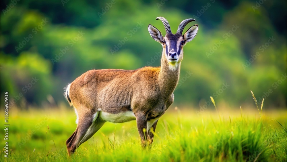Capra cylindricornis standing gracefully in a green field, mountain goat, wildlife, animals, nature, horns, herbivore, mammal
