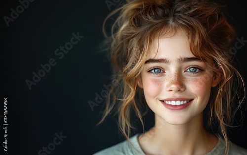 Beauty girl smiling and wearing a t-shirt in studio color background