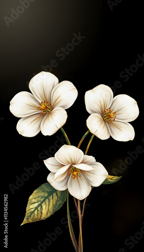 Gold accents enhance the beauty of three white flowers, hand-drawn digital illustration