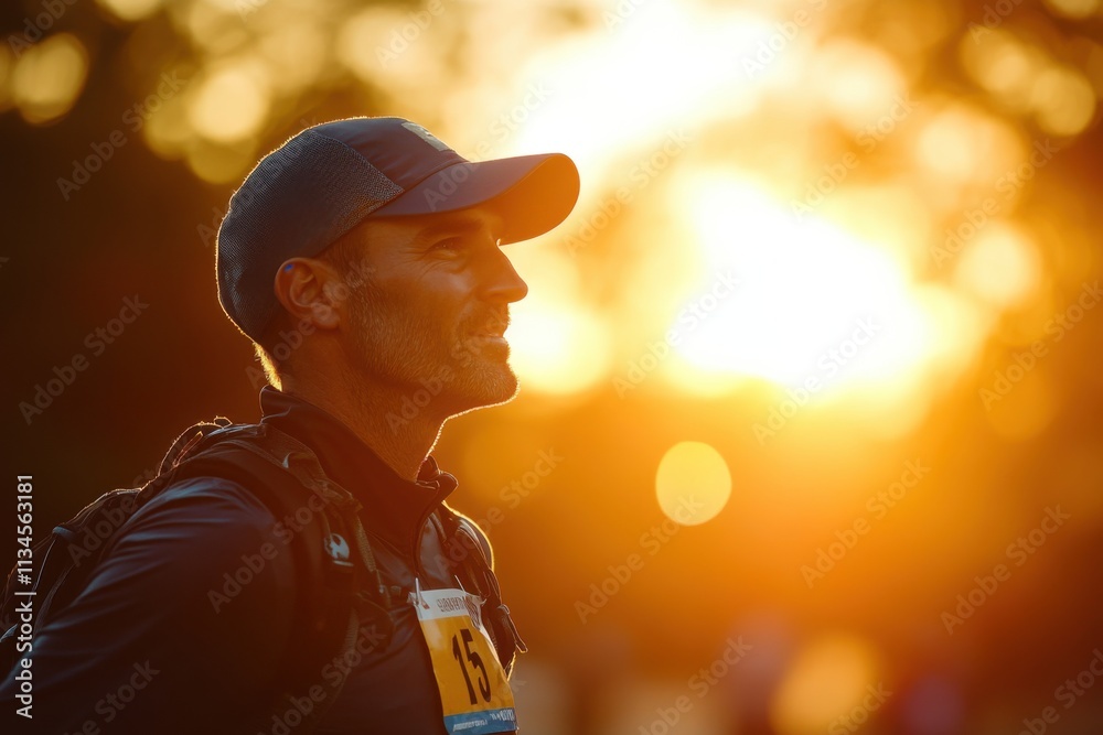 Marathon completion medal with tired but happy runner, natural sunset lighting, emotional portrait, with copy space Marathon completion medal with tired but happy runner, natural sunset lighting, emotional portrait, with copy space