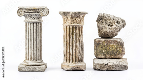 Broken ancient column pieces isolated on white background. Vector cartoon illustration of antique greek or roman arch pillar stones, abandoned palace, historical excavation site design elements