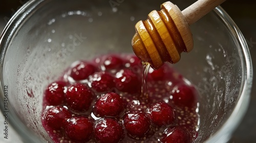 Low-sugar Nordic breakfast: chia pudding with lingonberries and a drizzle of honey photo