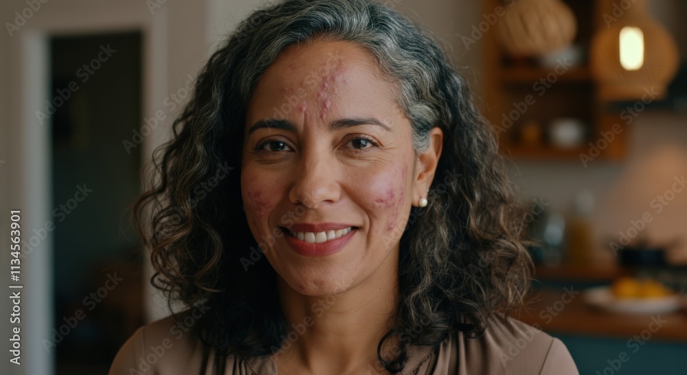Confident mature hispanic woman with natural curly hair and skin imperfections indoors Confident mature hispanic woman with natural curly hair and skin imperfections indoors