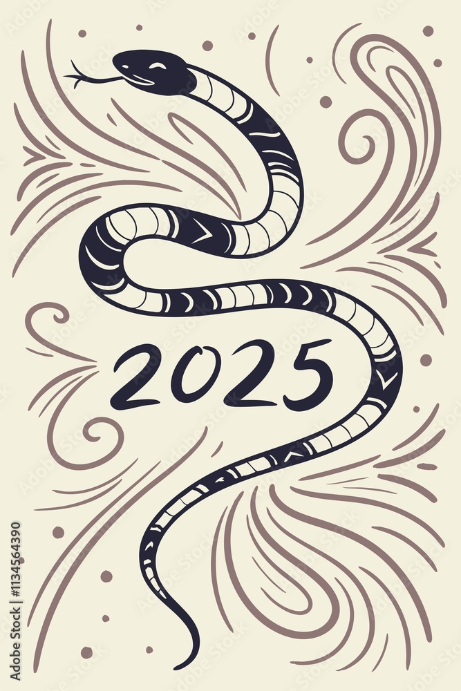 Fototapeta premium snake is represented by flowing lines and curves, forming a dynamic '2025' shape. The background is a swirling mix of colors reminiscent of fireworks, with a textured, painterly feel