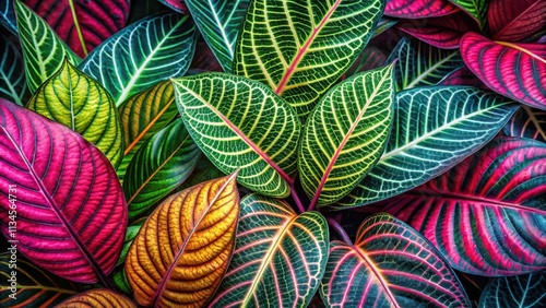 Close up of vibrant tropical leaves with intricate patterns , exotic, background, close up, vibrant, tropical, leaves