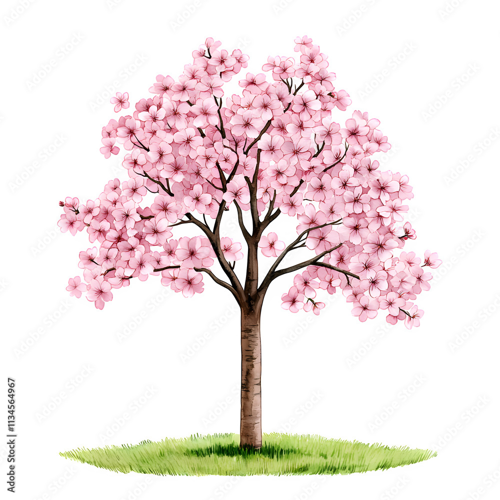 Obraz premium Beautiful pink cherry blossom tree in full bloom showcasing delicate flowers against a clear sky, symbolizing nature's beauty in spring seasons, perfect for serene landscapes or botanical themes.