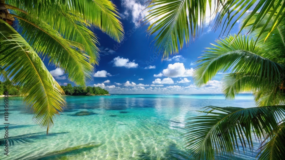 Fototapeta premium Tropical paradise with lush palm leaves and clear turquoise waters on a sunny day, Summer, tropical, paradise