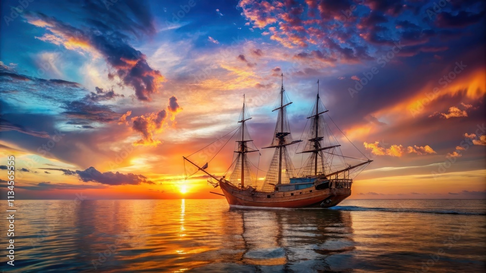 Old ship sailing at sea during sunset with a colorful sky in the background, ship, sea, sunset,vintage, nautical, ocean, water Old ship sailing at sea during sunset with a colorful sky in the background, ship, sea, sunset,vintage, nautical, ocean, water