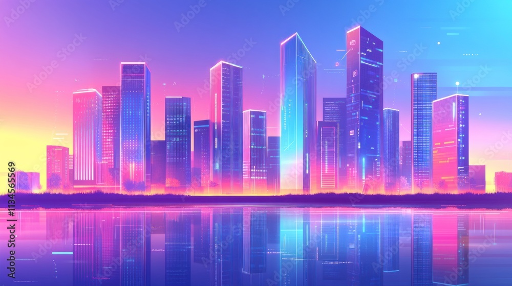 Vibrant cityscape reflected in calm water at sunset. Vibrant cityscape reflected in calm water at sunset.