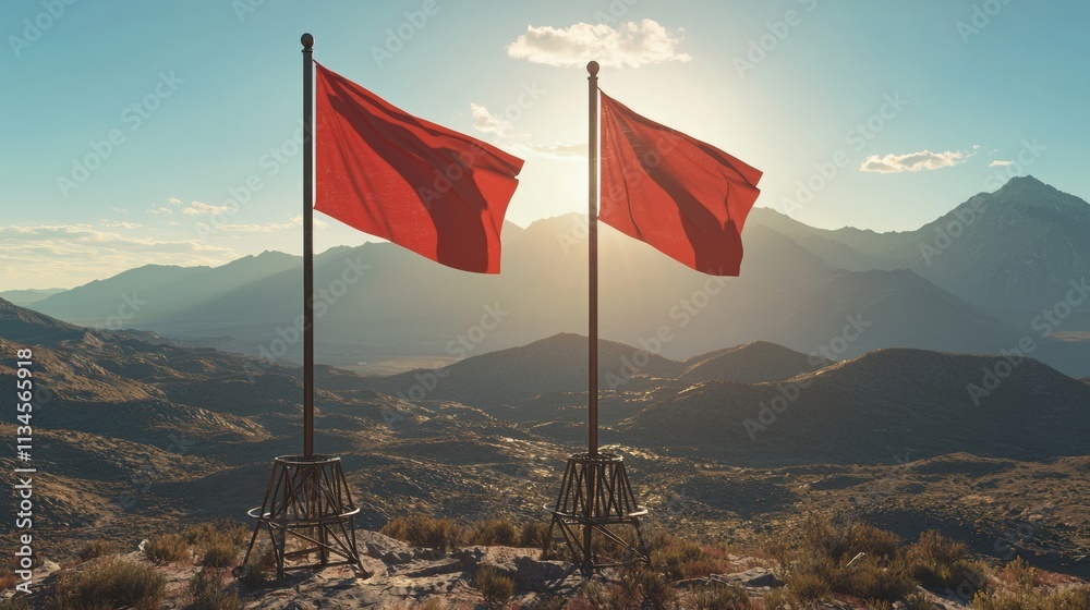 Two red flags on metal stands against mountain landscape at dawn Two red flags on metal stands against mountain landscape at dawn