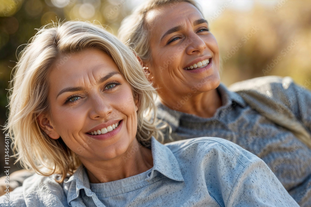 Obraz premium Portrait of happy European mature couple relaxing in outdoor