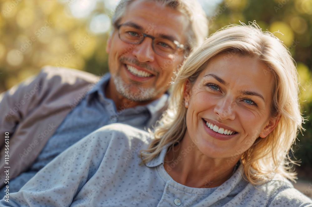 Portrait of happy elderly couple people are smiling and they are looking at the camera and relaxing in outdoor