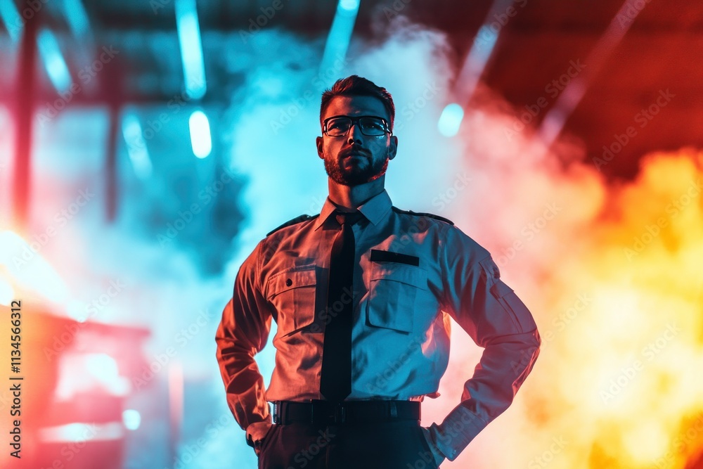 Obraz premium Intense Model in Stylish Uniform Amid Colorful Lights