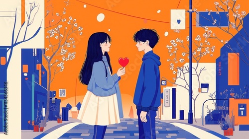 A heartfelt illustration of a shy girl with long hair holding a red heart while standing opposite a boy in an urban scene. A vibrant and touching moment of youthful emotion