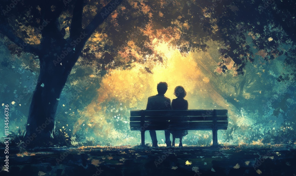 Couple sits on park bench, autumn light. Couple sits on park bench, autumn light.