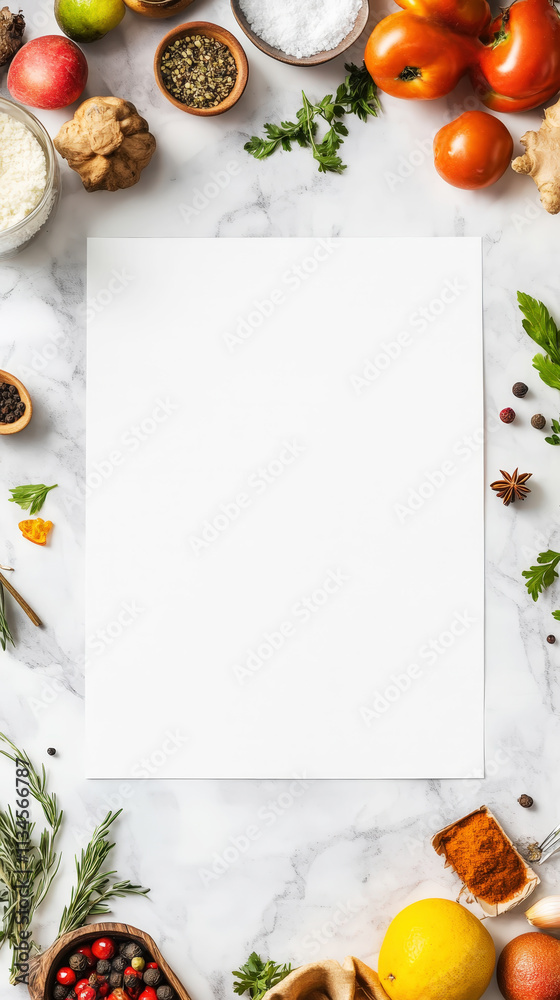 Blank paper on white kitchen workspace with fresh herbs, vegetables. Culinary creativity recipe mockup. Generative AI Blank paper on white kitchen workspace with fresh herbs, vegetables. Culinary creativity recipe mockup. Generative AI