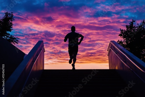 Wallpaper Mural Silhouette of a Runner Ascending Steps Against a Stunning Sunset Sky with Vibrant Colors of Orange, Pink, and Purple for Inspiring Fitness Imagery Torontodigital.ca