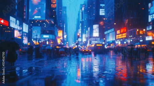 rainy night commercial district street scene. Pedestrians with umbrellas under the glow of streetlights, busy crowd and lively city atmosphere.