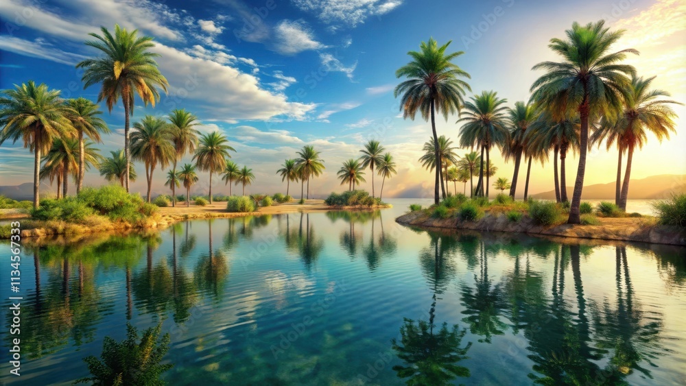 Oasis sunset landscape with palm trees and tranquil water , oasis, sunset, landscape, background,palm trees, water, serene Oasis sunset landscape with palm trees and tranquil water , oasis, sunset, landscape, background,palm trees, water, serene
