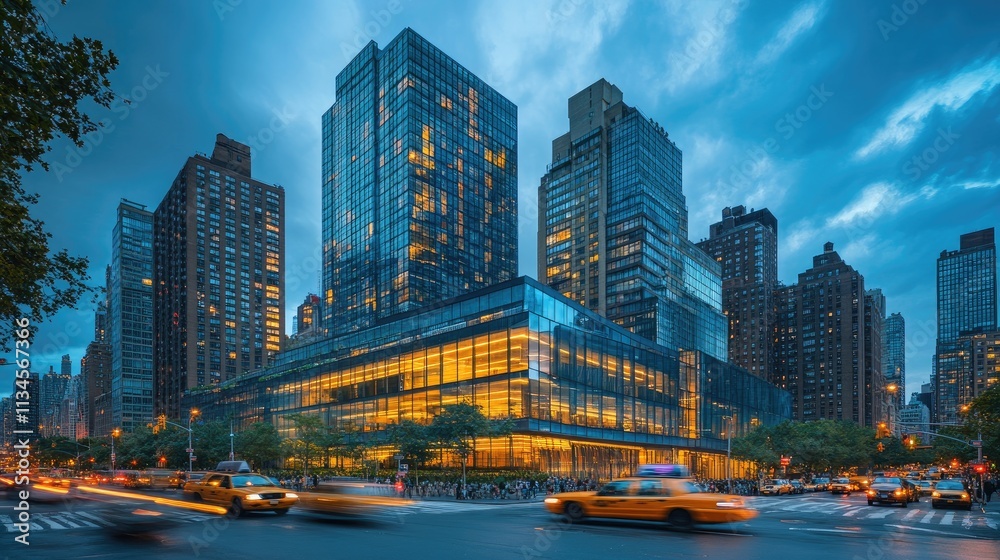 Fototapeta premium exterior of office buildings and street scene in the core business district of a bustling city, modern urban architecture