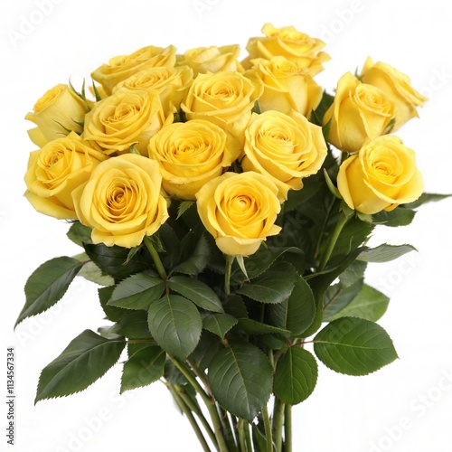 A stunning bouquet of yellow roses displays vibrant, fresh blooms surrounded by lush green leaves, ideal for expressing joy or admiration on special occasions. Generative AI