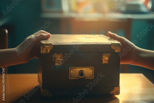 Reward treasure box in classroom being opened, classroom lighting, excitement capture, with copy space photo