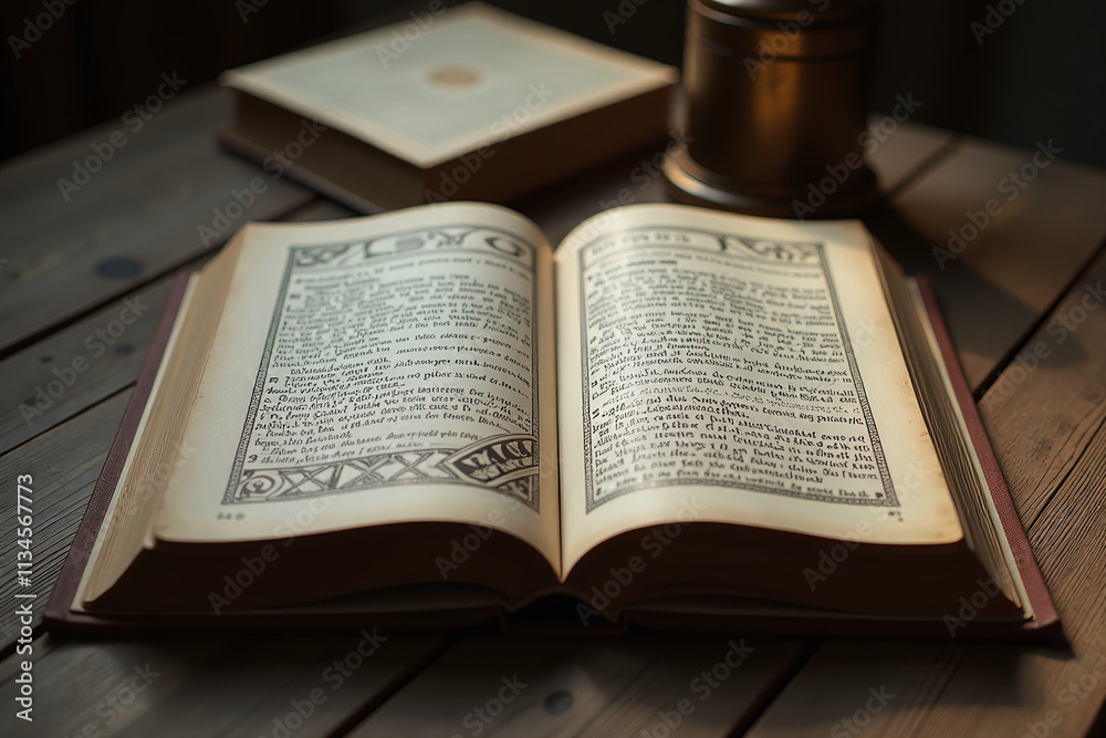 open old mystic book intricate symbols worn wooden desk soft evening open old mystic book intricate symbols worn wooden desk soft evening