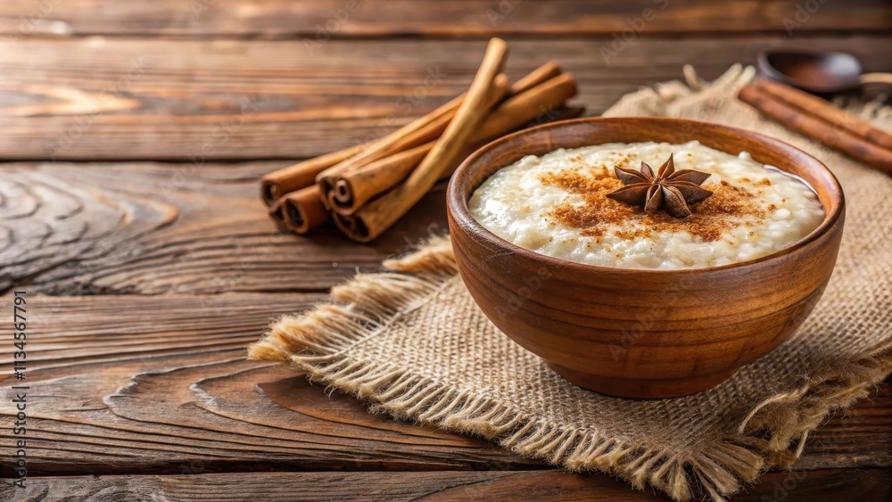 Creamy arroz con leche in a rustic bowl on a wooden table, rice pudding, dessert, cinnamon, creamy, traditional, Mexican
