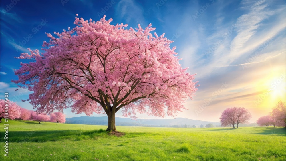 Serene summer landscape with pink cherry blossom tree and field of flowers, cherry blossom, pink, tree, flowers, field Serene summer landscape with pink cherry blossom tree and field of flowers, cherry blossom, pink, tree, flowers, field