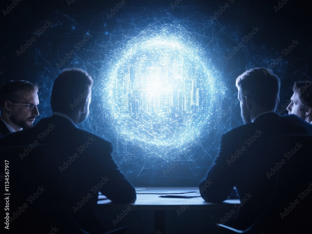 A group of individuals in suits observes a digital sphere, symbolizing technology, data, and innovation during an intense discussion. A group of individuals in suits observes a digital sphere, symbolizing technology, data, and innovation during an intense discussion.
