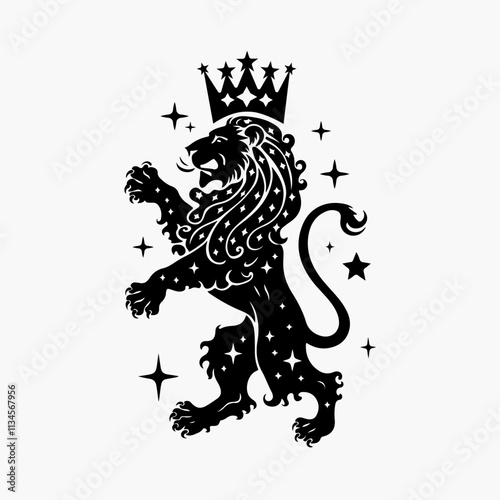 Royal heraldic lions. Black silhouette of rampant lion and griffins for logo or coat of arms. Premium wild animal crest symbols.