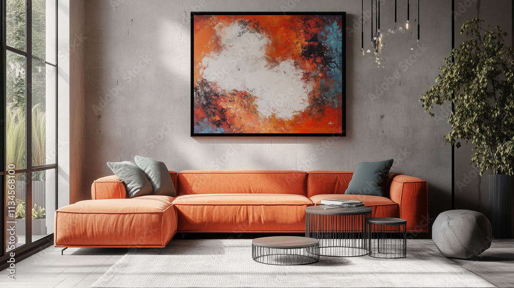 Minimalist home interior design of modern living room. Room with orange sofa, abstract art, modern decor, and large window Minimalist home interior design of modern living room. Room with orange sofa, abstract art, modern decor, and large window