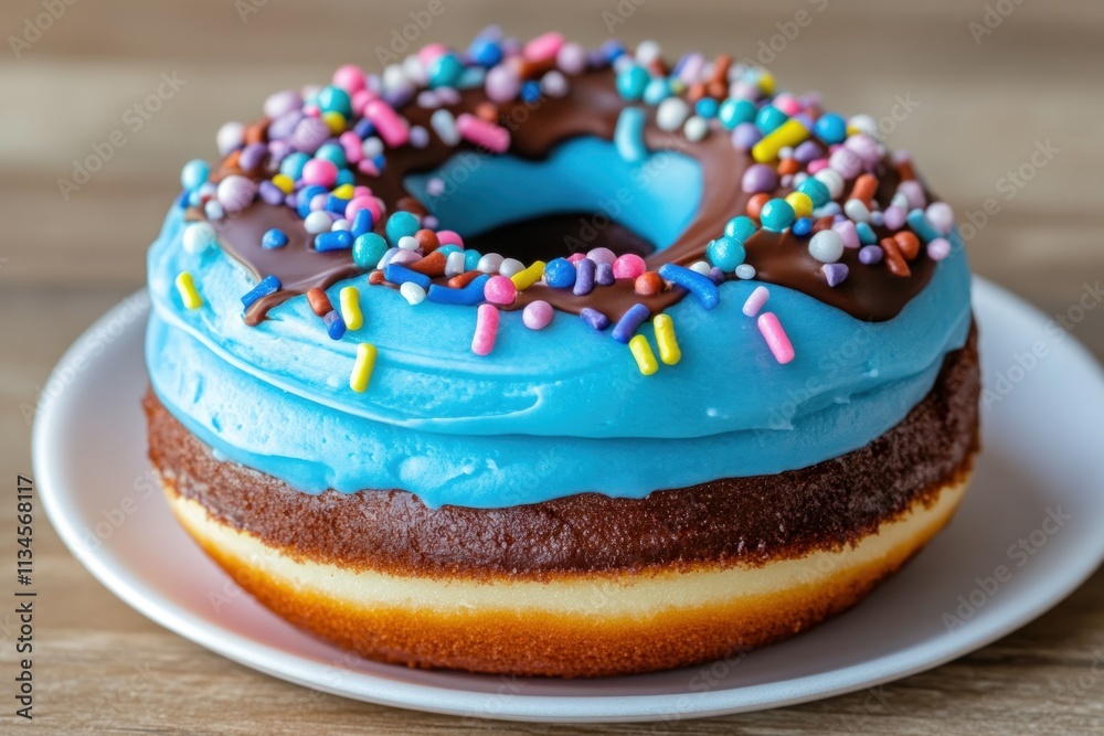 Delicious Chocolate Glazed Donut with Bright Blue Frosting and Colorful Sprinkles on a White Plate, Ideal for Dessert Lovers and Food Photography Delicious Chocolate Glazed Donut with Bright Blue Frosting and Colorful Sprinkles on a White Plate, Ideal for Dessert Lovers and Food Photography