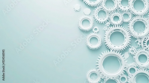A geometric arrangement of white gears on a soft light blue background, creating a pattern of circular motion. 