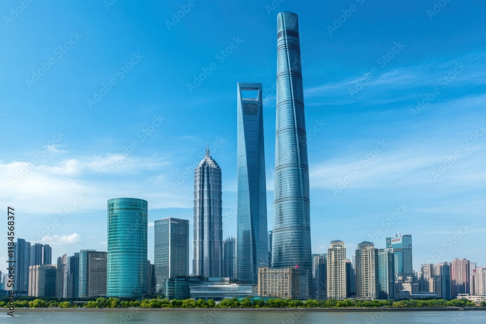 Naklejka premium Modern Skyline with Skyscrapers and Blue Sky