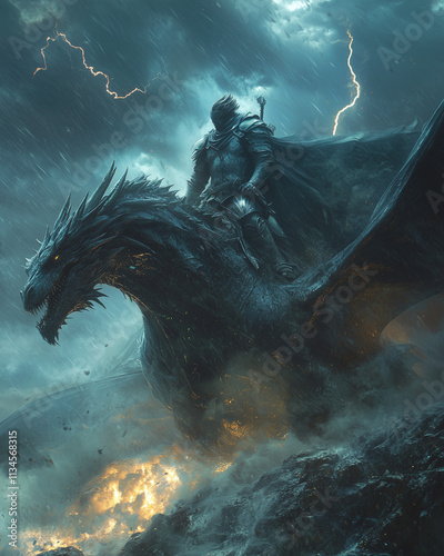 armored warrior atop a massive black dragon under stormy skies with lightning