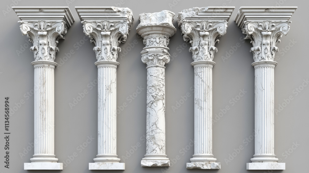 Ancient roman column made of white clay. Realistic 3d vector illustration set of greek stone pillar of temple building. Antique marble colonnade for historical construction decorative facade design.