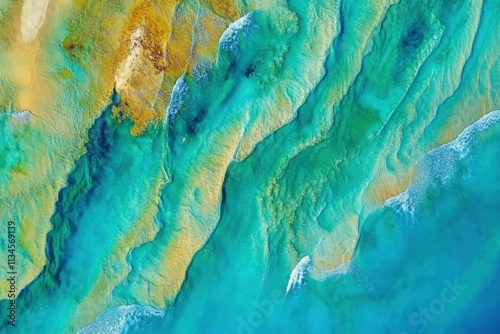 Aerial View of Vibrant Turquoise and Golden Ocean Waves with Textured Sand Patterns, Capturing Nature's Beauty in Dynamic Swirls and Flowing Water Trails
