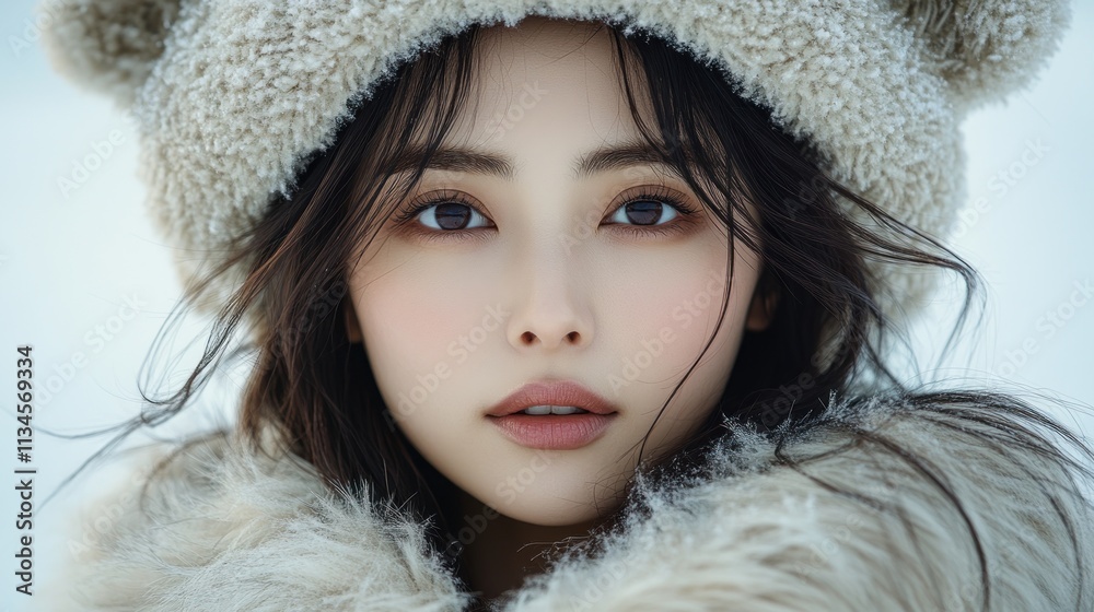 A close-up portrait of a woman with soft features, wearing a cozy hat and fur coat in a snowy setting. A close-up portrait of a woman with soft features, wearing a cozy hat and fur coat in a snowy setting.