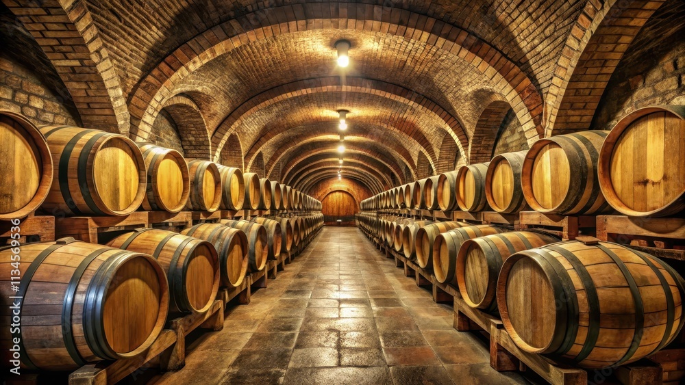 Enigmatic old world wine cellar with time-honored oak barrels, wine, cellar, old world, enigmatic, mysterious, rustic, vintage
