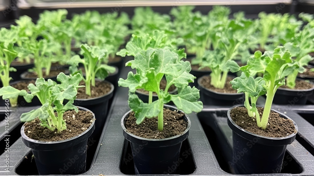 Fresh Green Seedlings Growing in Small Plant Pots on a Nursery Tray Fresh Green Seedlings Growing in Small Plant Pots on a Nursery Tray