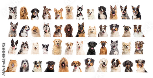 Photography Large group of forty different dog breeds posing on white background