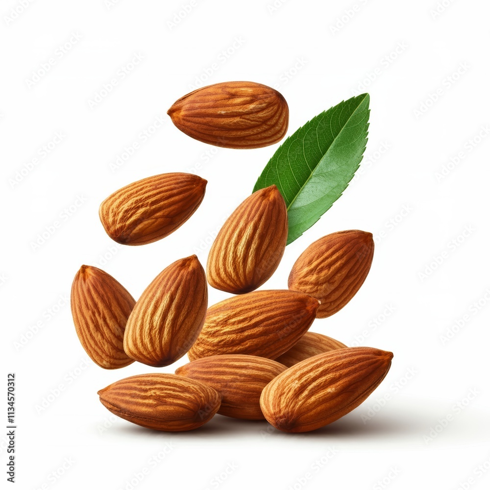 Falling almonds isolated on a white background.
Falling almonds isolated on a white background.