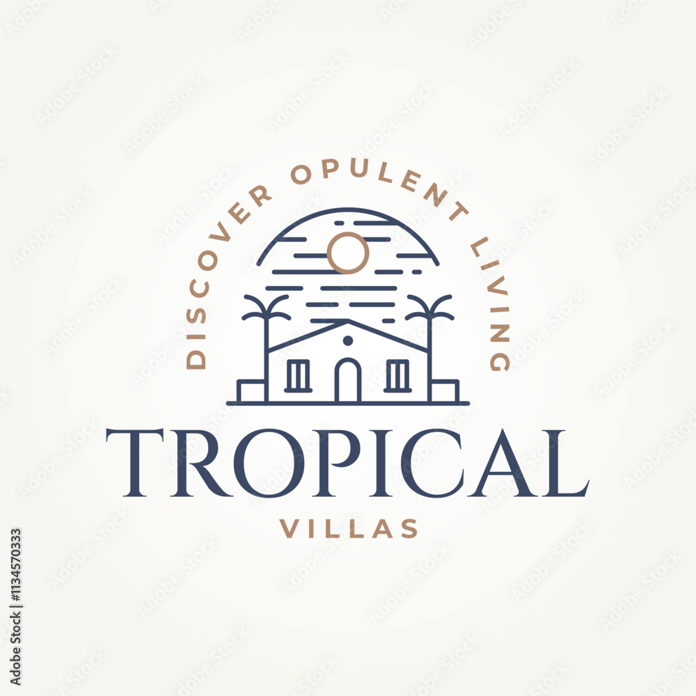 Naklejka premium minimalist tropical villa house line art icon logo vector illustration design. simple modern rental vacation house logo concept