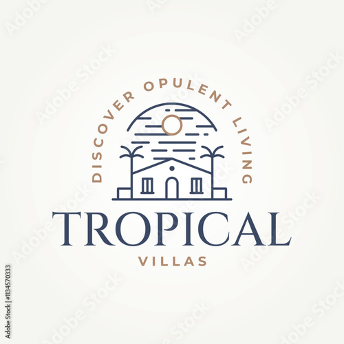 minimalist tropical villa house line art icon logo vector illustration design. simple modern rental vacation house logo concept