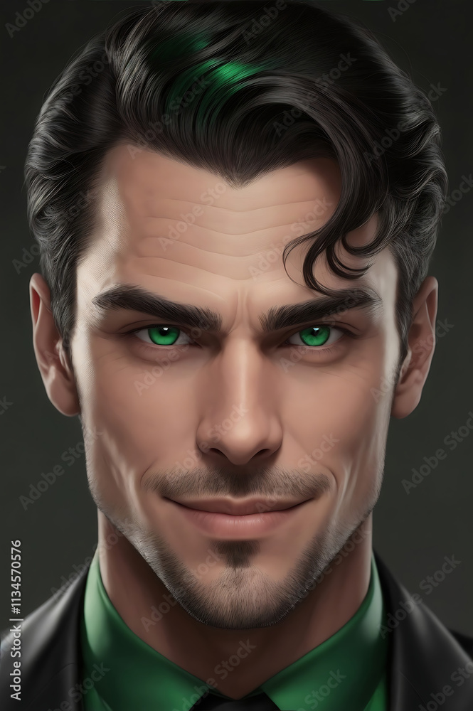 Portrait of a handsome Man with a Slight Evil Smile and Dimples, Green Eyes – Close-up