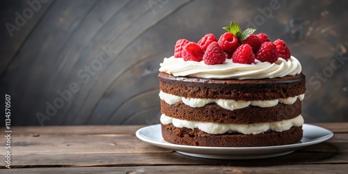 Elegant chocolate layer cake with whipped cream and raspberries , Dessert, decadent, homemade, celebration, sweet